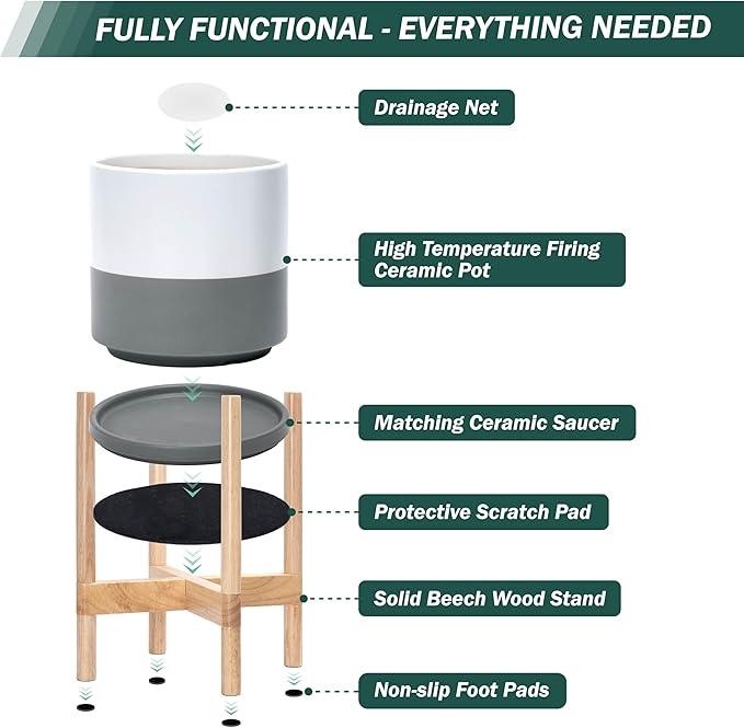 D'vine Dev Ceramic Planter with Natural Stand - 10 Inch Modern Round Flower Pot with Wood Planter Holder, White/Grey, 55-B-K-6