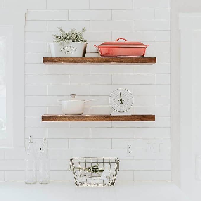 URBANDI, Rustic Floating Shelves, Set of 2, Hidden Bracket, Solid Wood, Heavy Duty, Wall Mounted Shelves, (Provincial, 60Wx12D)