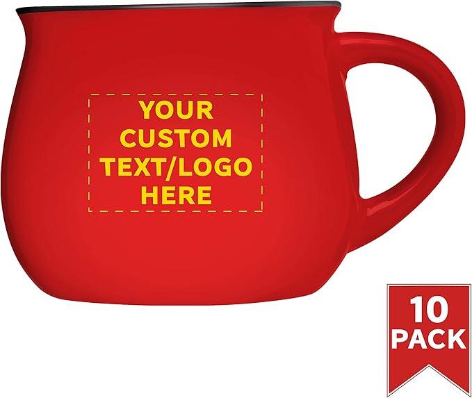 Custom Glazed Campfire Coffee Mugs 12 oz. Set of 10, Personalized Bulk Pack - Perfect for Coffee, Tea, Espresso, Hot Cocoa, Other Beverages - Red