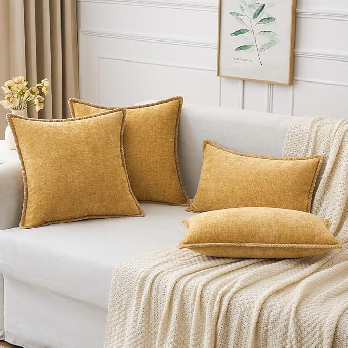 MIULEE Pack of 2 Couch Throw Pillow Covers 20x20 Inch Gold Farmhouse Decorative Pillow Covers with Stitched Edge Soft Chenille Solid Dyed Fall Pillow Covers for Sofa Bed Living Room