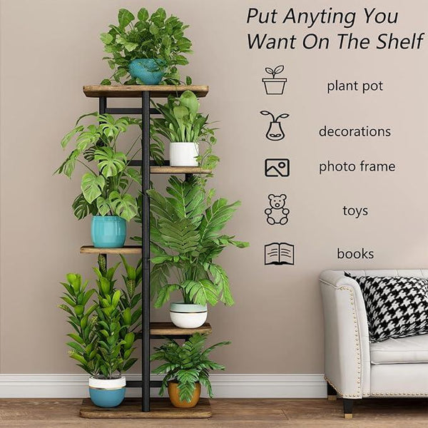LINZINAR Plant Stand 5 Tier 6 Plant Multiple Flower Rack Holder Shelves Rack Storage Organizer Display Indoor Planter for Balcony Bedroom Patio Garden Living Room, Black