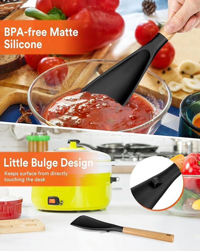 Multifunction Spatula Spoon for Nonstick Cookwares, Great for Cooking and Serving, Sturdy BPA-Free Matte Silicone, Wood Handle Spatula for Mixing, Scoop, and Scrape, Black(2 pack,11.4