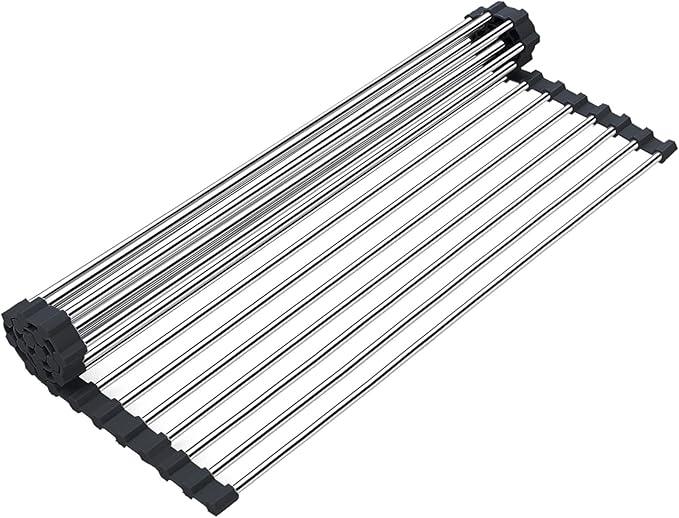 Searik Stainless Steel Over The Sink Dish Drying Rack, Roll Up Foldable Kitchen Sink Drainer Rack (17.7