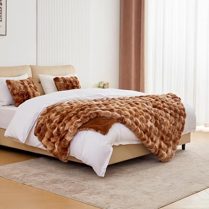 BENVWE Faux Fur Throw Blanket for Couch Bed - Fluffy Soft Thick Bubble Blanket for Living Room Home Decor - Fathers Day Birthday Gifts for Women Men, Tie-dye Caramel, 60