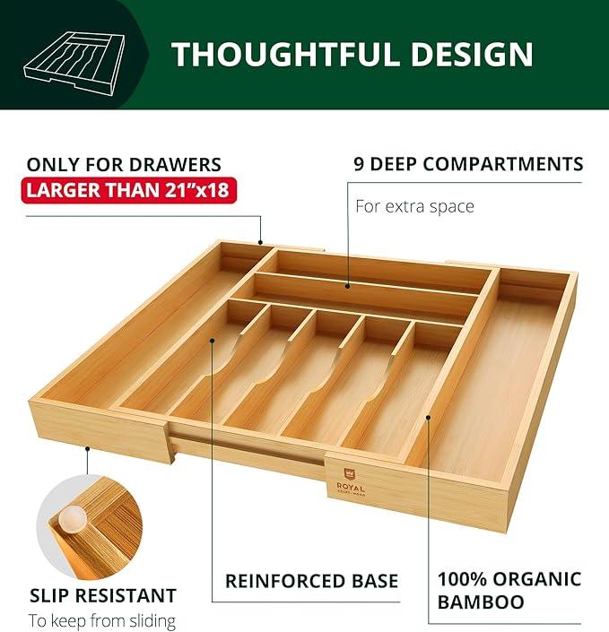 ROYAL CRAFT WOOD Luxury Bamboo Kitchen Drawer Organizer - Silverware Organizer, Utensil Holder & Cutlery Tray Drawer Dividers for Flatware (9 Slot, Natural)