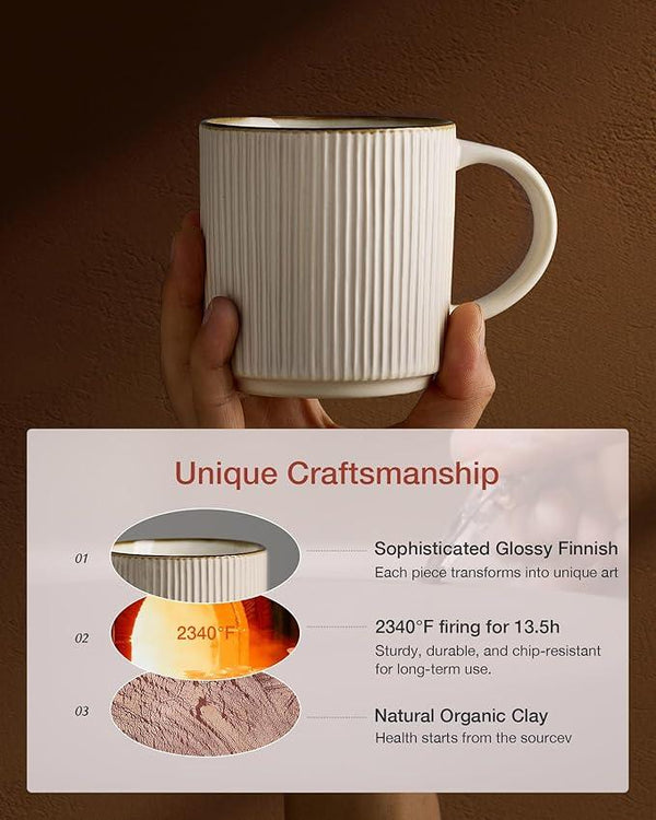 famiware Coffee Mug Set for 4, Star 12 oz Catering Mugs Cup Set with Handle for Coffee, Tea, Cocoa, Milk - Ceramic Stoneware Drinkware Set, White