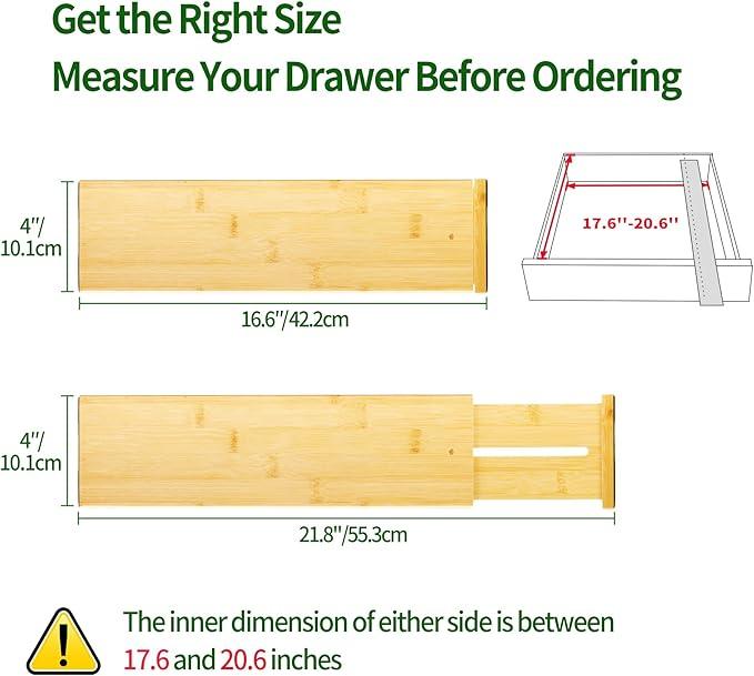 VaeFae 3 Pack Bamboo Drawer Dividers, 4