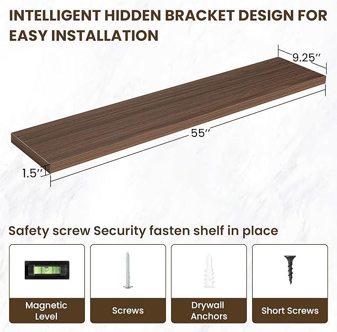 55 Inch Floating Shelves, 12 Inch Deep Floating Shelves for Wall, Floating Shelf with Invisible Brackets, Deep Wall Shelves for Bathroom, Bedroom, Living Room, 1 Pack, Walnut