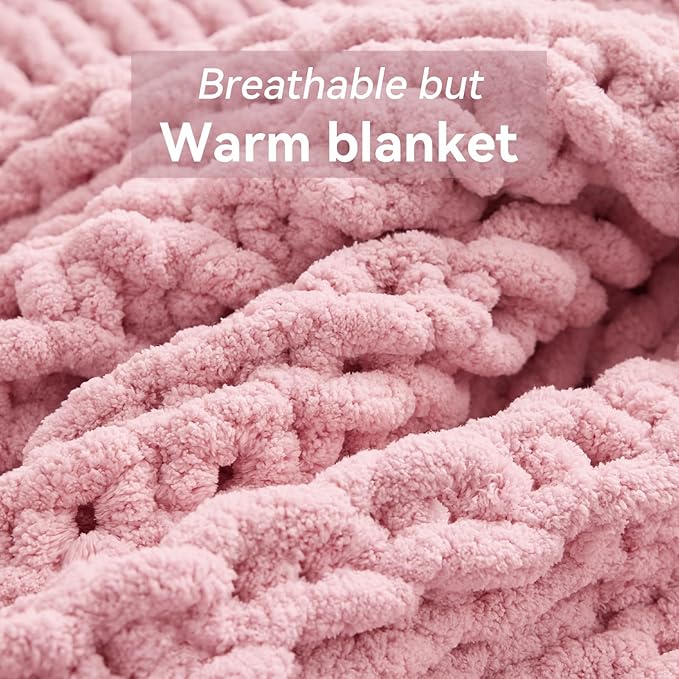 Chunky Knit Throw Blanket, 50''*60'' Knitted Throw Chenille Yarn for Bed Couch, Handmade Light Pink Crochet Big Thick Blanket, Machine Washable Cute Comfy Blanket for Home Decor