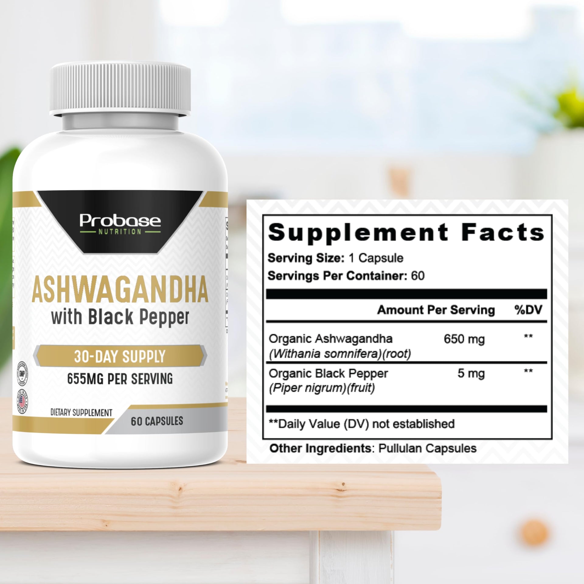 Probase Nutrition Ashwagandha with Black Pepper 60 Capsules 30-Day Supply