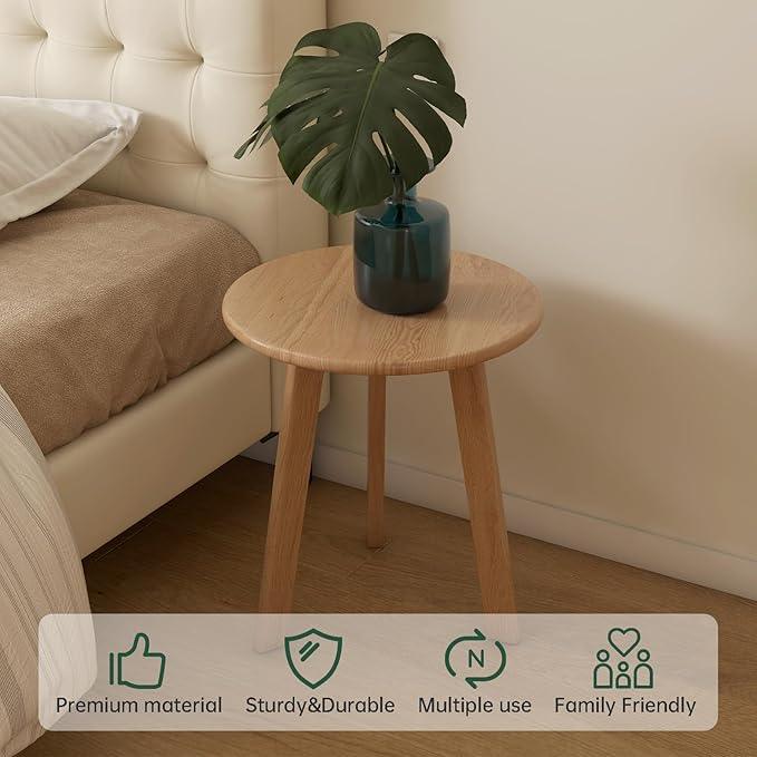 100% Solid Oak Round Side Table Set of 2, Small Bedside Table for Small Spaces, Living Room End Table with Stable Frame, Modern Nightstand for Bedroom Couch(Natural, 17.71