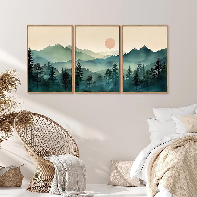 SIGNINART Large Mountain Framed Canvas Wall Art Set, Abstract Misty Forest Wall Decor, Foggy Nature Pine Tree Wall Painting, Modern Boho Sunrise Art Prints for Bedroom Living Room and Office 24