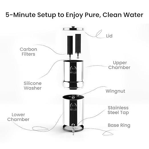 Gravity Water Filter System 2.25 Gallons NSF Certified - AISI 304 Stainless Steel Countertop Water Filtration with 2 Smart (Black) Carbon Filter Elements & Stainless Steel Water Spigot