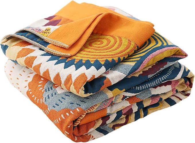 Boho 100% Cotton Muslin Blanket 4-Layer Gauze 80 x 90 Inches Summer Cooling Blanket Floral Decor Soft Cozy for Sofa Bed Coverlet Both Sides (Boho Stars, 80 x 90 in)