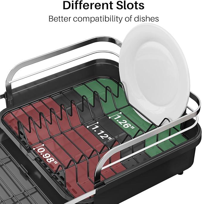 Dish Drying Rack, Expandable Dish Rack for Kitchen Counter, Stainless Steel Dish Drainer with Drainboard Set and Utensil Holder (Black)