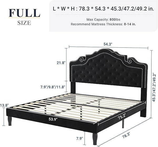 Allewie Full Size Bed Frame with Adjustable Velvet Tiara Headboard, Upholstered Diamond Button Tufted Platform Bed, Wood Slats Support, No Box Spring Needed, Black