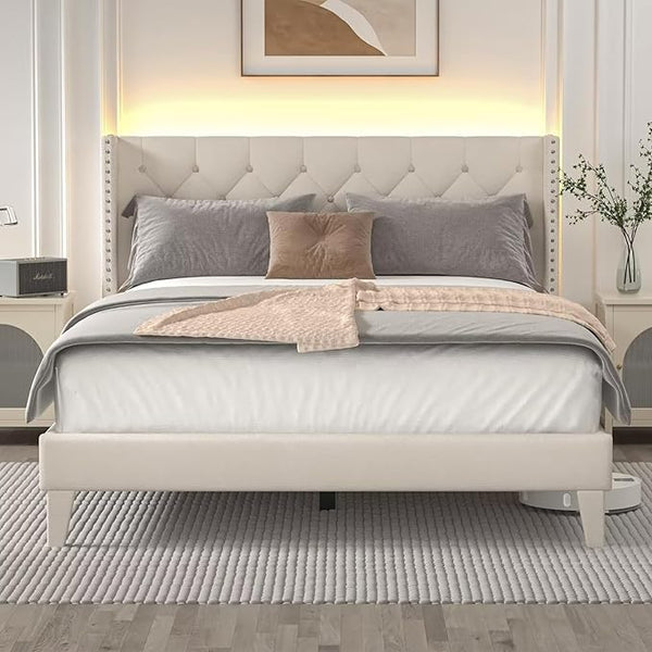 Queen Size Bed Frame with LED Lights, Upholstered Bed Frame with Wingback Diamond Tufted Headboard, Wood Slats Support, Noise-Free, Easy Assembly, No Box Spring Needed, Beige