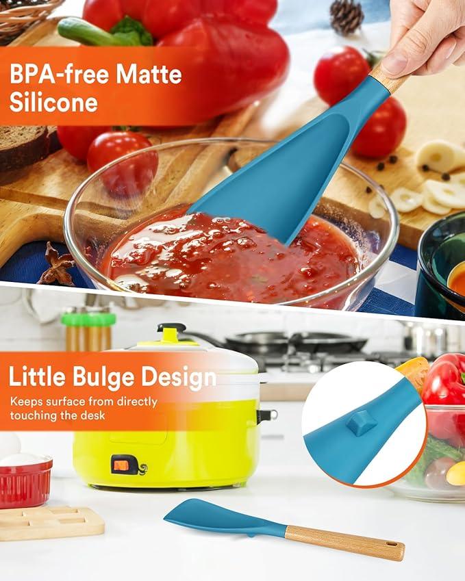 Multifunction Spatula Spoon for Nonstick Cookwares, Great for Cooking and Serving, Sturdy BPA-Free Matte Silicone, Wood Handle Spatula for Mixing, Scoop, and Scrape, Turquoise(2 pack,11.4