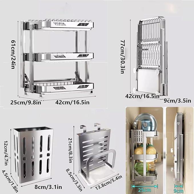 Dish Drying Rack with Drain Board - Rustproof Stainless Steel Dish Rack with Utensil Holder,Dish Racks for Kitchen Counter Over Sink,Over-Sink Drying Rack(Countertop,Third Floor)