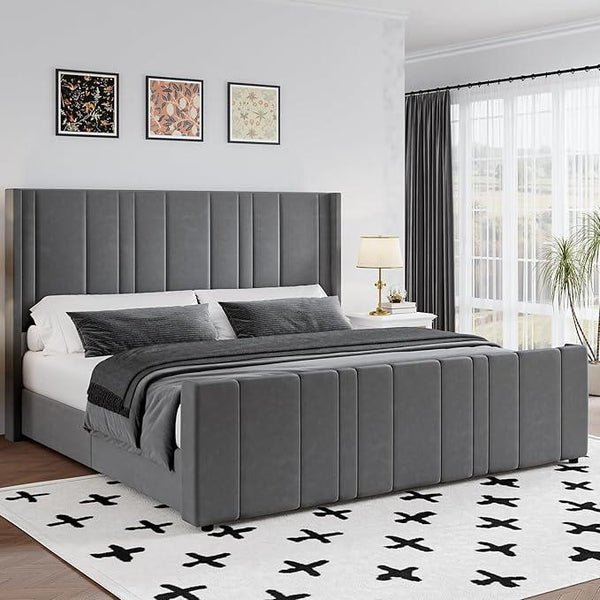King Size Bed Frame and Headboard, Modern Velvet Upholstered Bed Frame with Vertical Channel Tufted Headboard & Footboard, Soft Bed Frame King, Noise Free, No Box Spring Needed, Easy Assembly, Grey