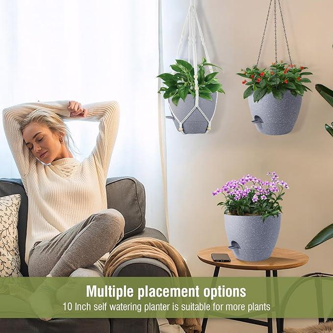 Self Watering Hanging Planters 10 inch, 2 Pack Hanging Flower Pots for Indoor Outdoor Plants, Hanging Baskets with Drainage Holes & 2 Kinds of Plant Hangers for Garden Decor, Speckled Grey