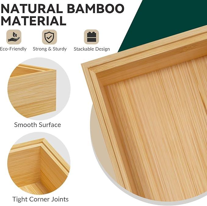 Bamboo Drawer Organizer, Narrow Stackable Cutlery Tray for Kitchen, 2 Pcs Silverware & Utensil Box, 12