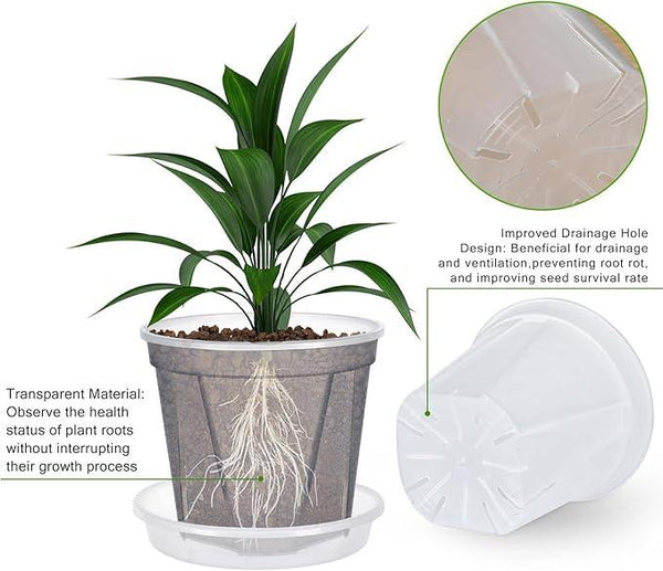 30Pcs Clear Nursery Pots with Drainage and Tray 5/6/7 Inch Plastic Clear Pots for Plants, Orchid Pot Outdoor Indoor Transplant Seedling Planter Pots with 100 Plant Labels,15-Set