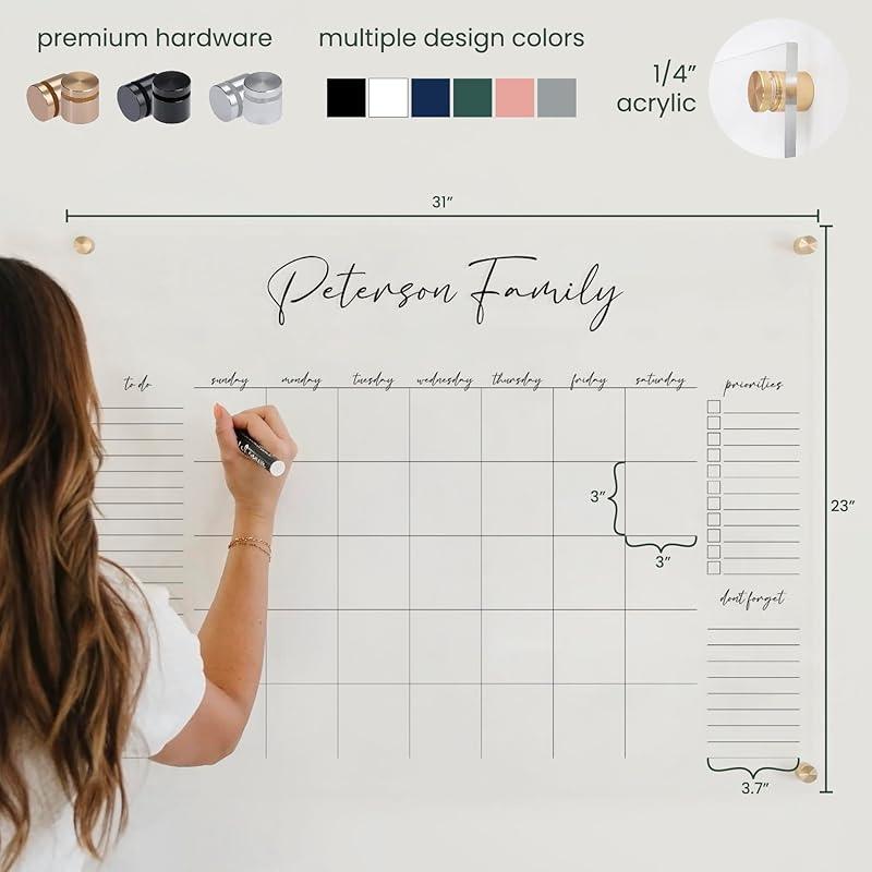 Personalized Clear Acrylic Calendar for Wall, Calendar Whiteboard for Wall, Dry Erase Wall Calendar, Wall Calendar Organizer System for Home (Cursive, White, 31