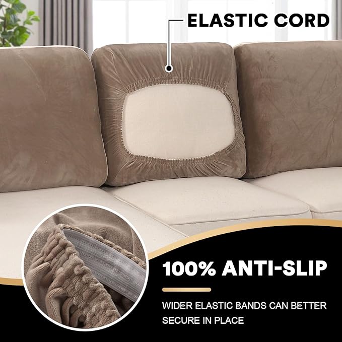 PrinceDeco Sectional Couch Covers Velvet Cushion Covers for Sectional Couch Cushion Covers for Sectional Sofa Separate Sectional Sofa Slipcovers Washable(1 Chaise Back+ 2 Sofa Back,Taupe)