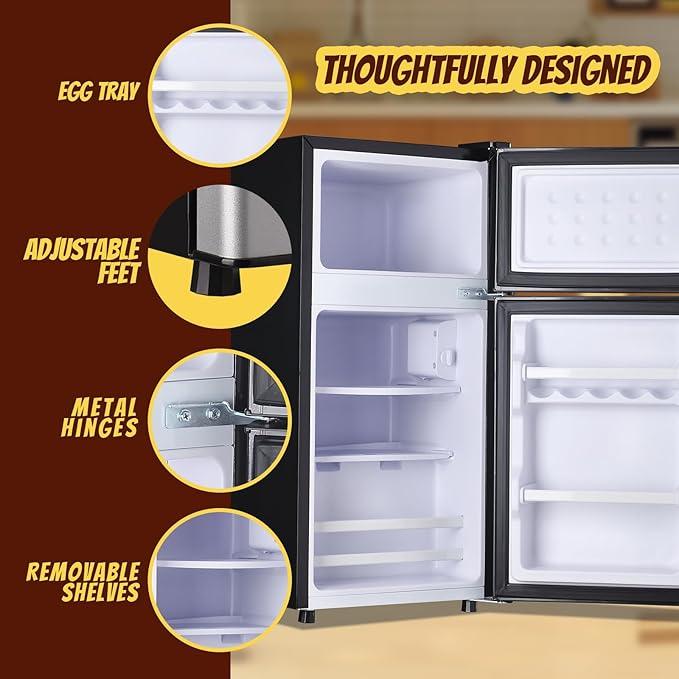 2.4 Cu.ft Mini Fridge Small Refrigerator with Freezer Dual Door Dorm Fridge for Personal Senven Temp Gear Suit for Apartment, Bedroom, Rv Silver