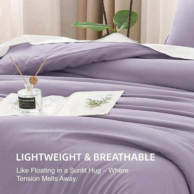 Litanika Grayish Lavender Purple Comforter Set King Size, 3 Pieces Lightweight Solid Bedding Comforter Set, All Season Fluffy Bed Set (104x90In Comforter & 2 Pillowcases)