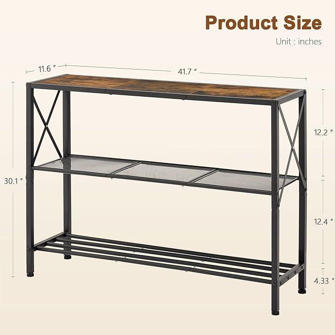 Hoctieon Industrial Console Table, 3 Tier Entryway Table, Hallway Table, Narrow Sofa Table with Shelves, Entrance Table for Entryway, Living Room, Foyer, Hallway, Office, Rustic Brown&Black