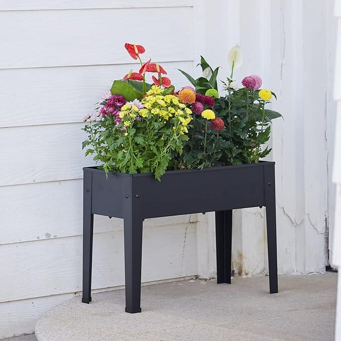 Raised Garden Bed, Elevated Planter Black Metal Plant Box with Legs Standing Garden Stand Drainage Holes Black(Black 24