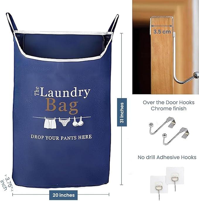Fine Living Co. Large Hanging Laundry Hamper with Over Door Hooks & Adhesive, Durable Space Saving Laundry Bag with Zipper and Wide Open Top, Hanging Dorm Laundry Hamper (Navy Blue with Print-XL)