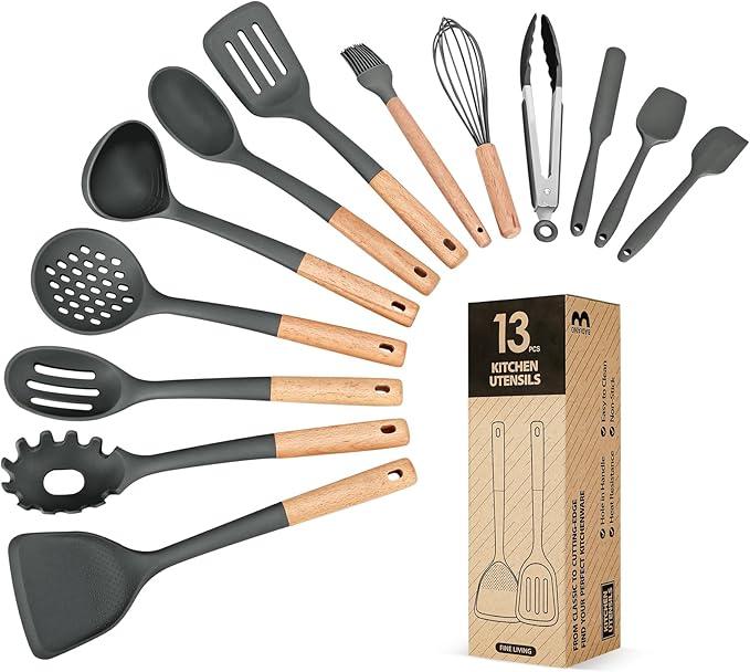 Kitchen Utensils Set, 13PCS Silicone Cooking Utensils, Heat Resistant Kitchen Utensil Spatula Set for Nonstick Cookware, Wooden Handles Kitchen Gadgets Tools Set
