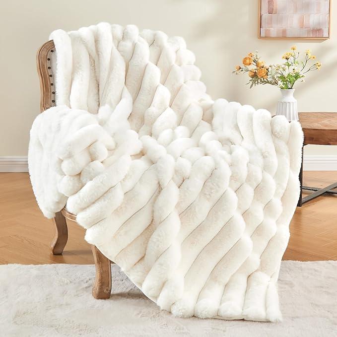 BEDELITE Faux Fur Throw Blanket for Couch, Soft and Cozy Luxurious 3D Striped Fluffy Blanket, 770GSM Thick Warm Plush Fuzzy Faux Rabbit Fur Blanket for Women Gift (Cream, 60