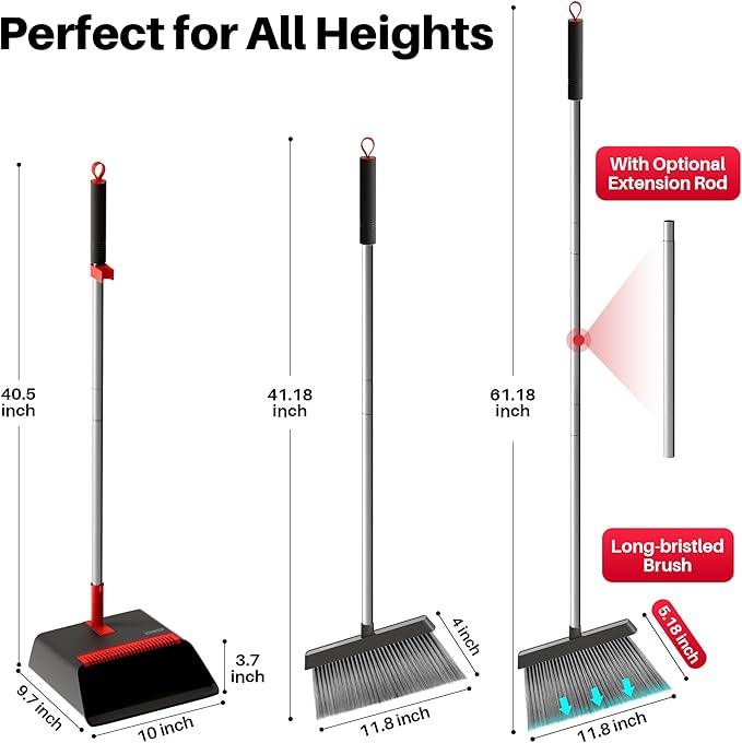 JOYMOOP Black and Red Broom and Dustpan Set, Upright Angle Design with Built-in Comb Teeth for Home, Office, Hard Floors