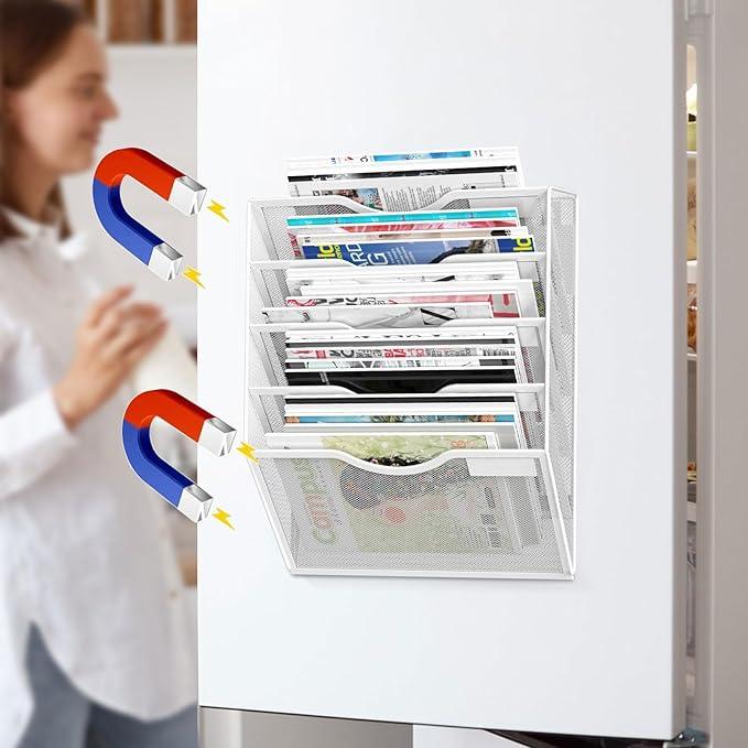 5-Tier Magnetic File Organizer, No Drilling Installation, White Magnetic Paper Holder, Magazine Rack for Refrigerator and File Cabinets