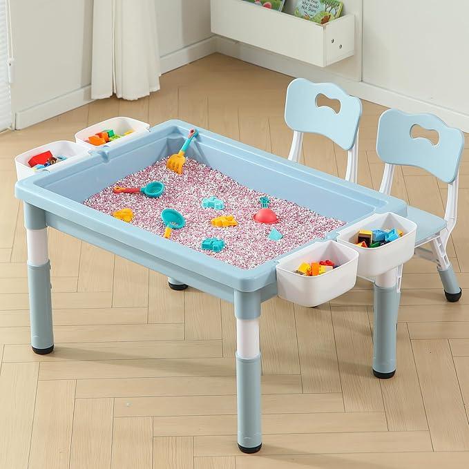 Multi Functional Kids Table and 2 Chairs Set, Graffiti & Building Blocks Double-Sided Tabletop, Toddler Play Table with Drawers, Large Storage Space, Gift for Boys/Girls, Blue