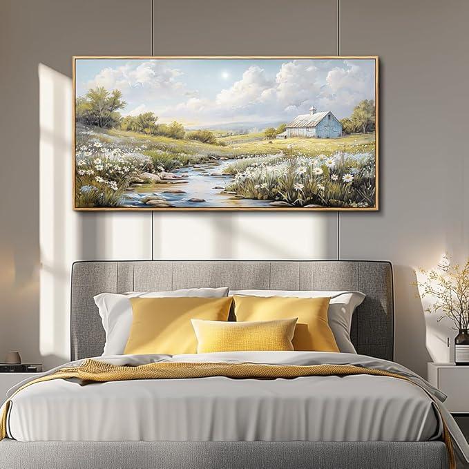 PHAOHUAXM Wood Framed Wall Art For Living Room Large Canvas Wall Decor For Bedroom Flower Watercolour Painting Office Decor Countryside Scenery Wall Picture Printing Artwork Home Decor 20x40 In