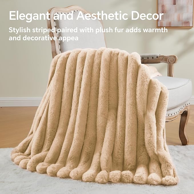BEDELITE Faux Fur Throw Blanket for Couch, Soft and Cozy Luxurious 3D Striped Fluffy Blanket, 770GSM Thick Warm Plush Fuzzy Faux Rabbit Fur Blanket for Women Gift (Brown, 50