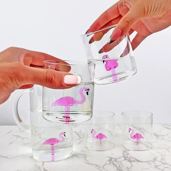 The Wine Savant Flamingo Pitcher & 4 Glasses Set Decanter with 4 Pink Flamingo Glasses 9oz Elegant Glass Set, Great for Water Iced Tea, Sangria, Lemonade, and More! 1300ml 9