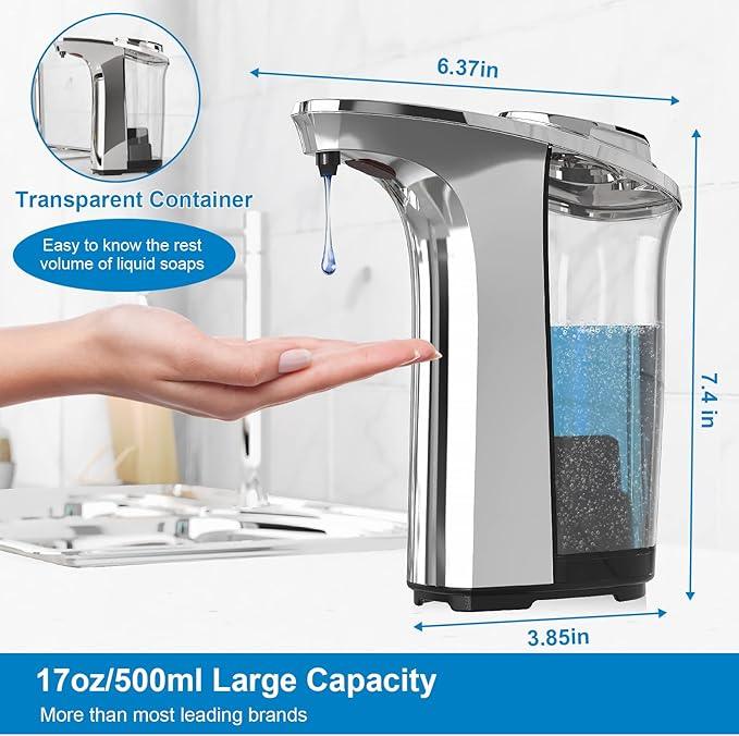 Automatic Soap Dispenser, Touchless Dish Soap Dispenser 17oz/500ml with Upgraded Infrared Sensor, 5 Adjustable Soap Dispensing Levels, Liquid Hand Dispenser for Bathroom (Silver Set)