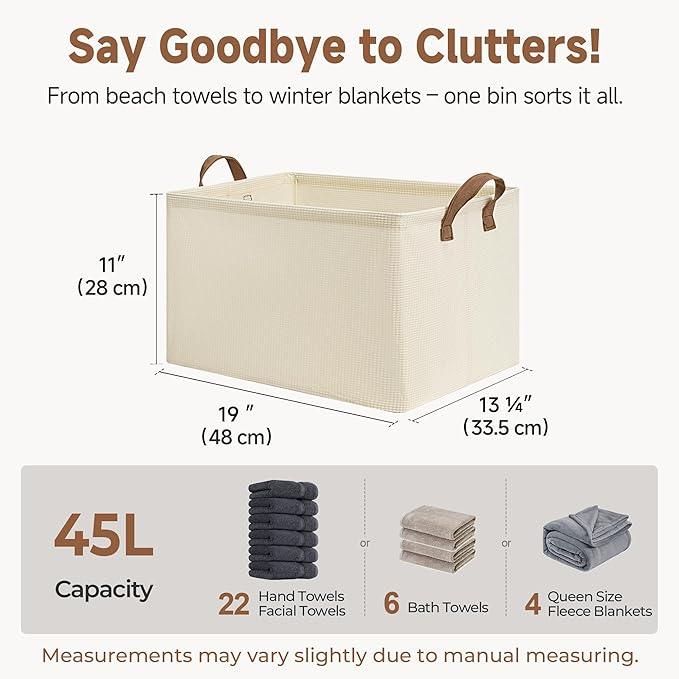 StorageWorks Storage Bins, Shelves Baskets for Organizing, 45L Extra Large Fabric Closet Organizers with Handles, Metal Frame, Beige（Texture）, 2-Pack
