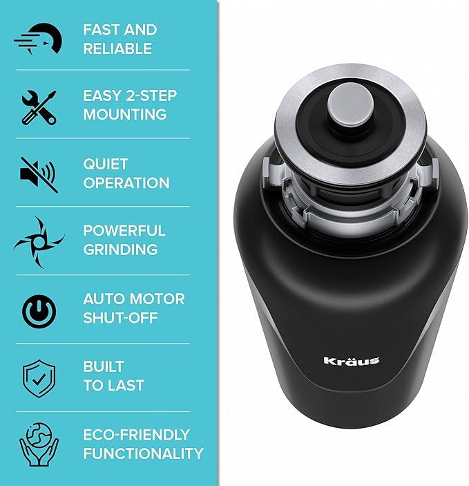 KRAUS WasteGuard 3/4 HP Ultra-Quiet Garbage Disposal with Quick Connect, Kitchen Sink Drain Cover, Power Cord and Flange Included, KWD100-75MBL
