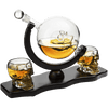 Skull Skeleton Wine & Whiskey Globe Decanter Set - 850 mL With 2 Skull Head 3oz Skeletons Shot Glasses + Mahogany Wooden Base Goth Spooky Drinking Glassware