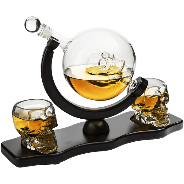 Skull Skeleton Wine & Whiskey Globe Decanter Set - 850 mL With 2 Skull Head 3oz Skeletons Shot Glasses + Mahogany Wooden Base Goth Spooky Drinking Glassware