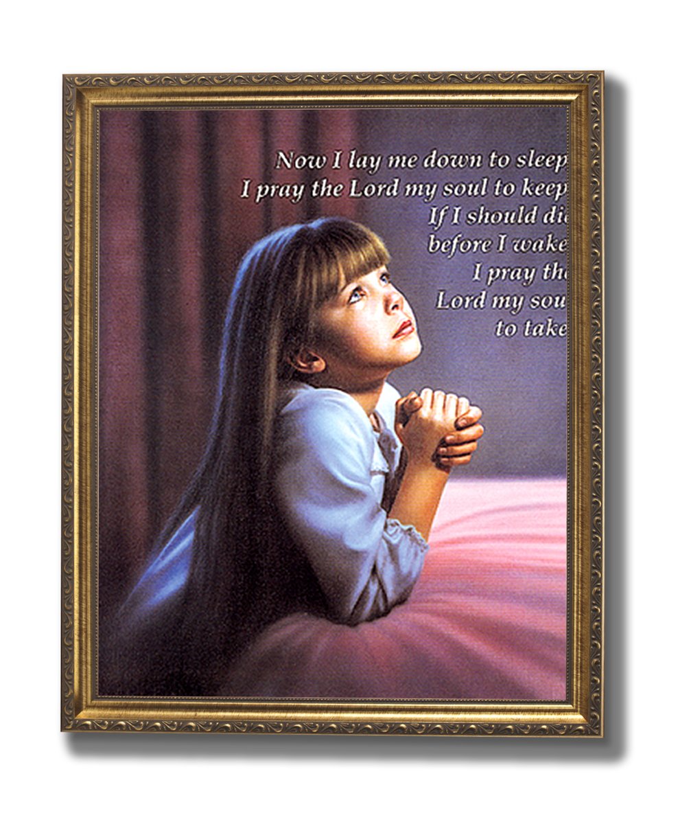 Bedtime Prayer Art Print - Girls Bedroom Decor | Gold Framed Religious Wall Art 16x20