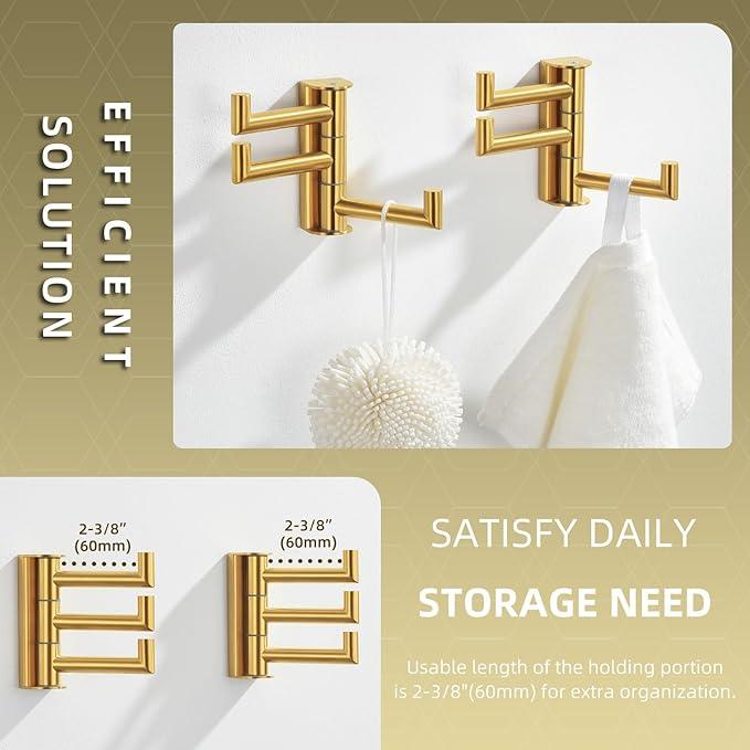 Angle Simple Towel Hooks Swivel, SUS 304 Stainless Steel 3 Arms Foldable Hand Towel Holder, Coat Hooks, Brushed Gold, 2 Pack
