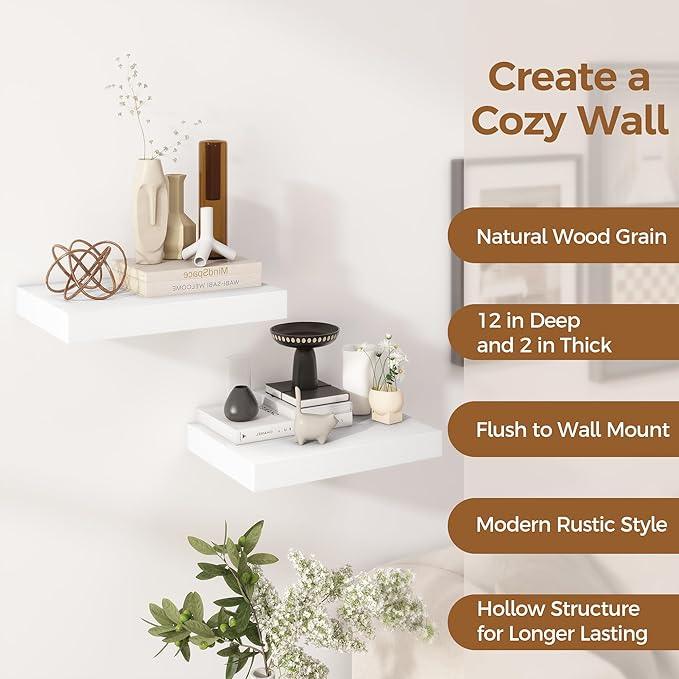 12 Inch Deep White Floating Shelves, 16 x 12 Floating Shelf for Books, Rustic Wood Deep Wall Shelves for Home Storage & Display, 2